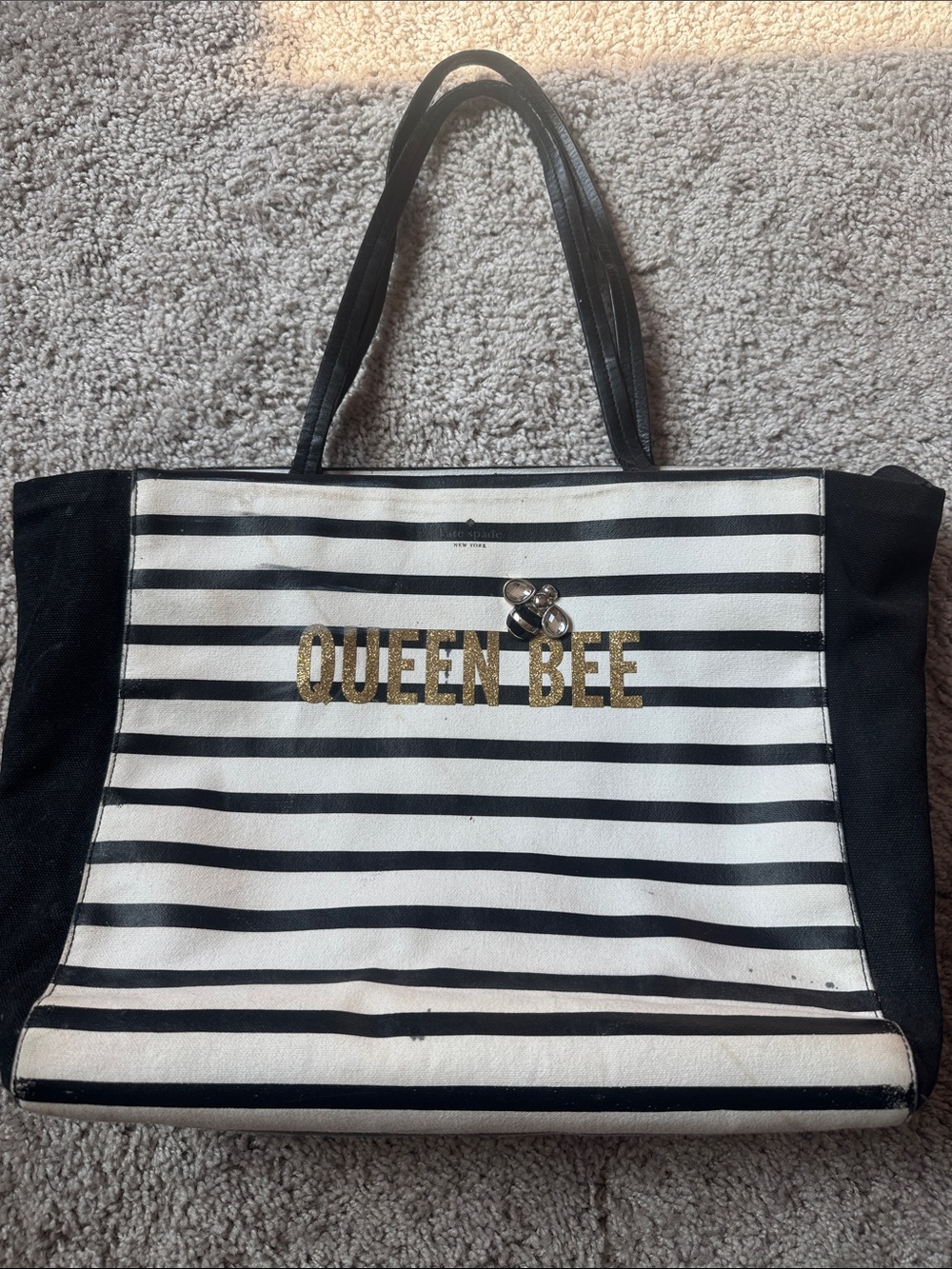 kate spade Black & White Striped Tote with Gold "Queen Bee" Accent
